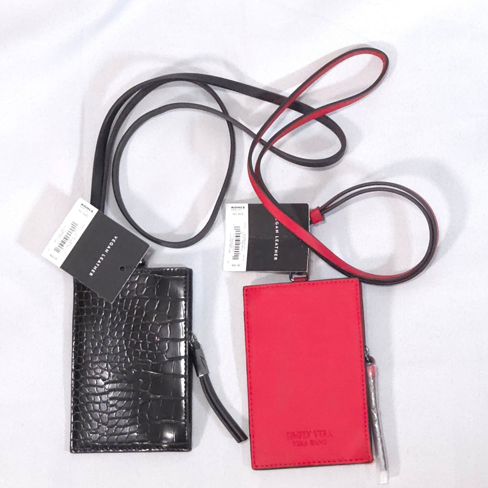 Simply Vera Lanyard Card Case ID Window Zip Pocket Red Black Croc Vegan Leather